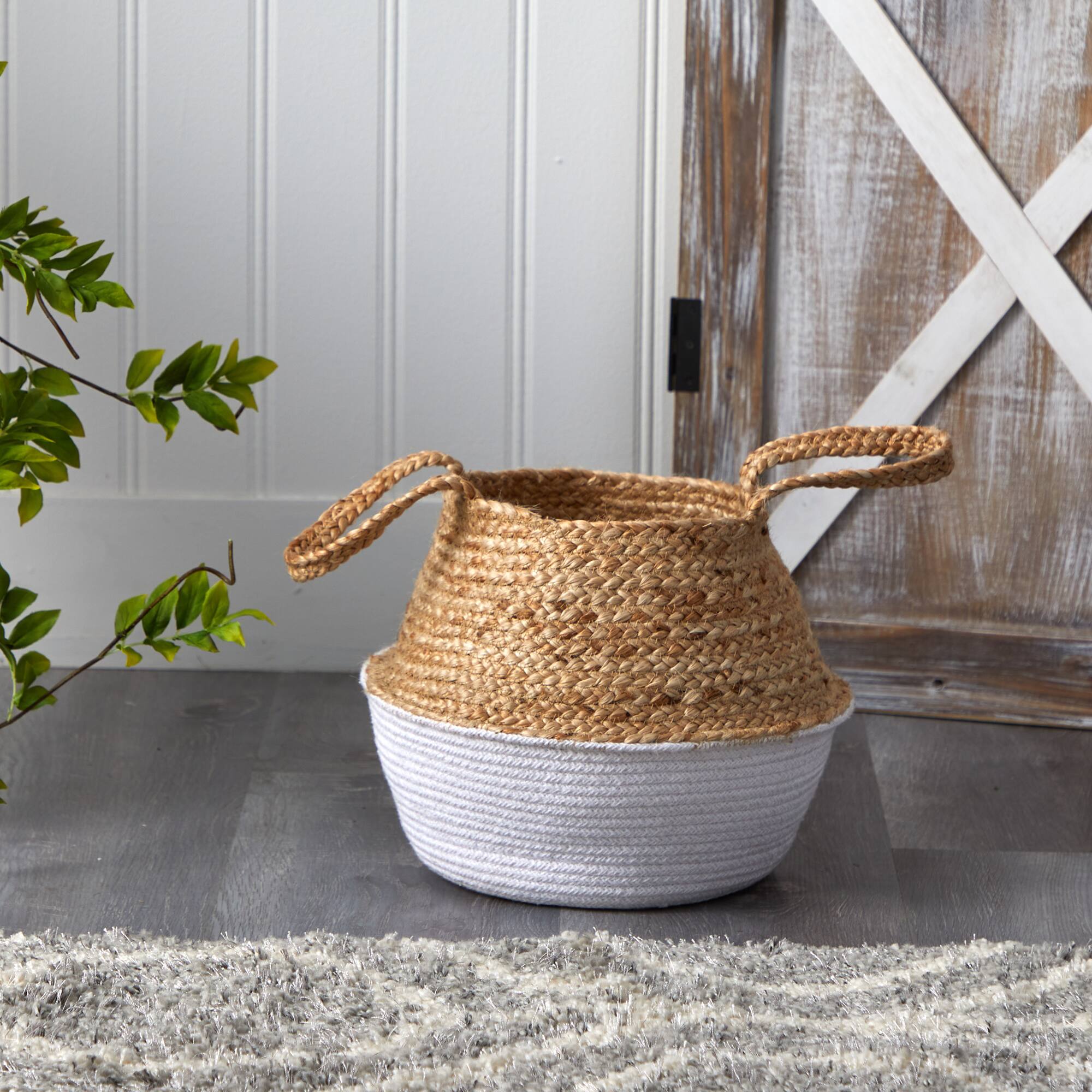 12" Boho Chic Handmade Cotton & Jute White Woven Basket Planter